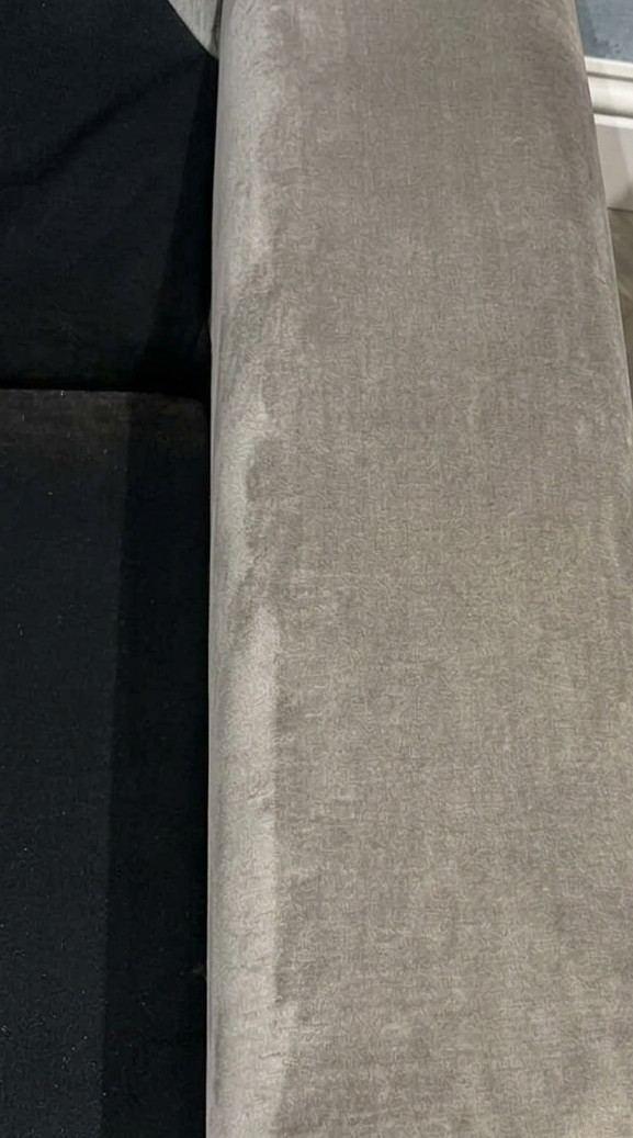 The same velvet sofa arm freshly cleaned beside a Christmas tree